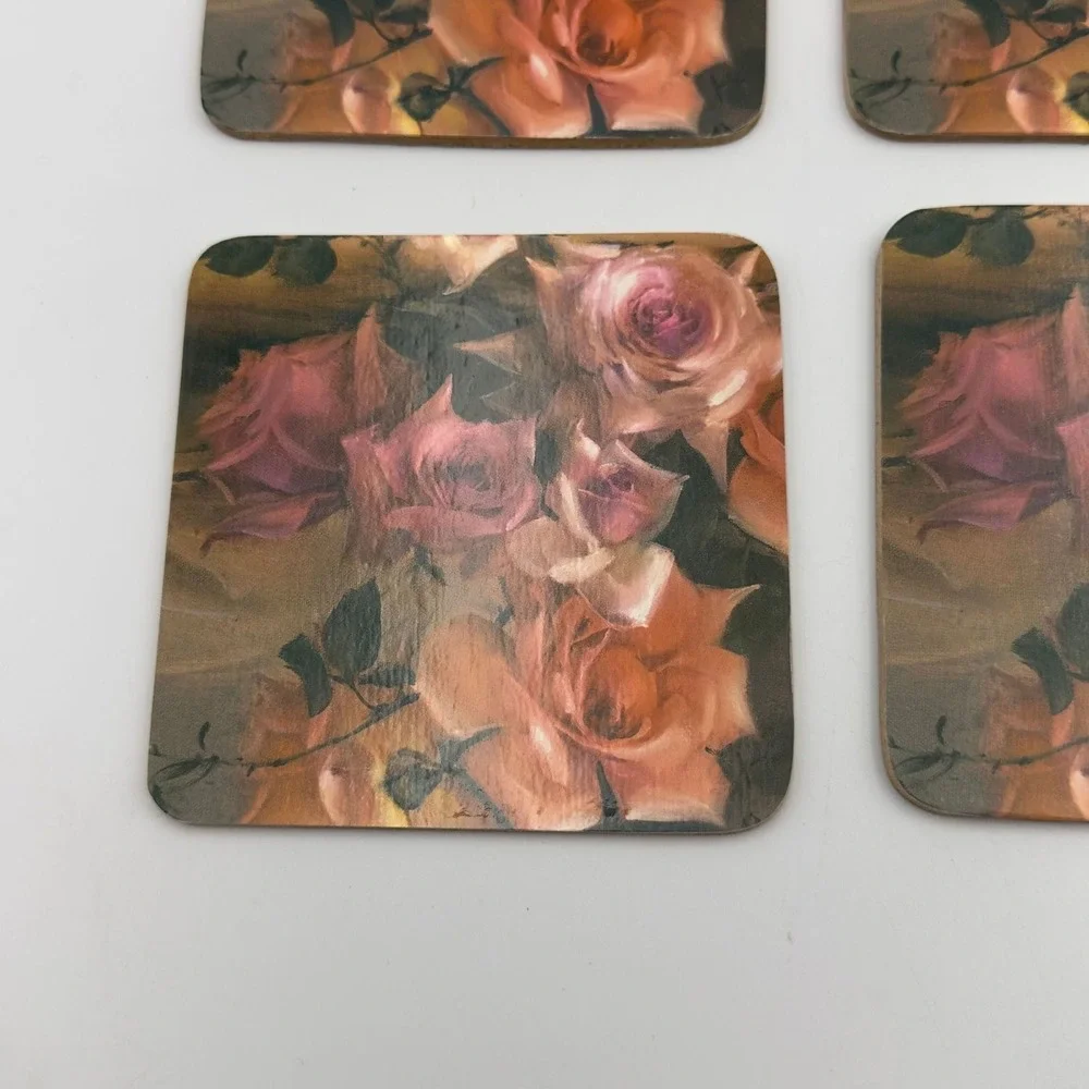 Vintage Style Floral Rose Cork Backed Coasters Set of 6 Pink Peach Shabby Chic